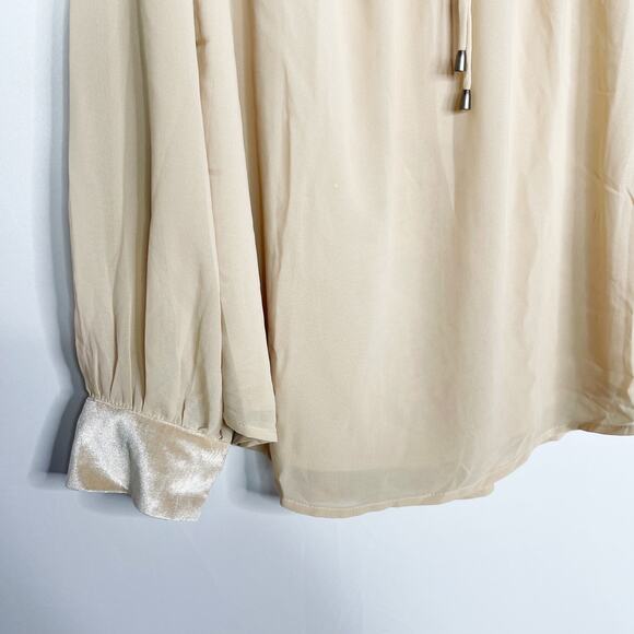 New Doe & Rae Large L Cream Pink Velvet Trim Pleated Long Sleeve Blouse Top - Picture 4 of 13